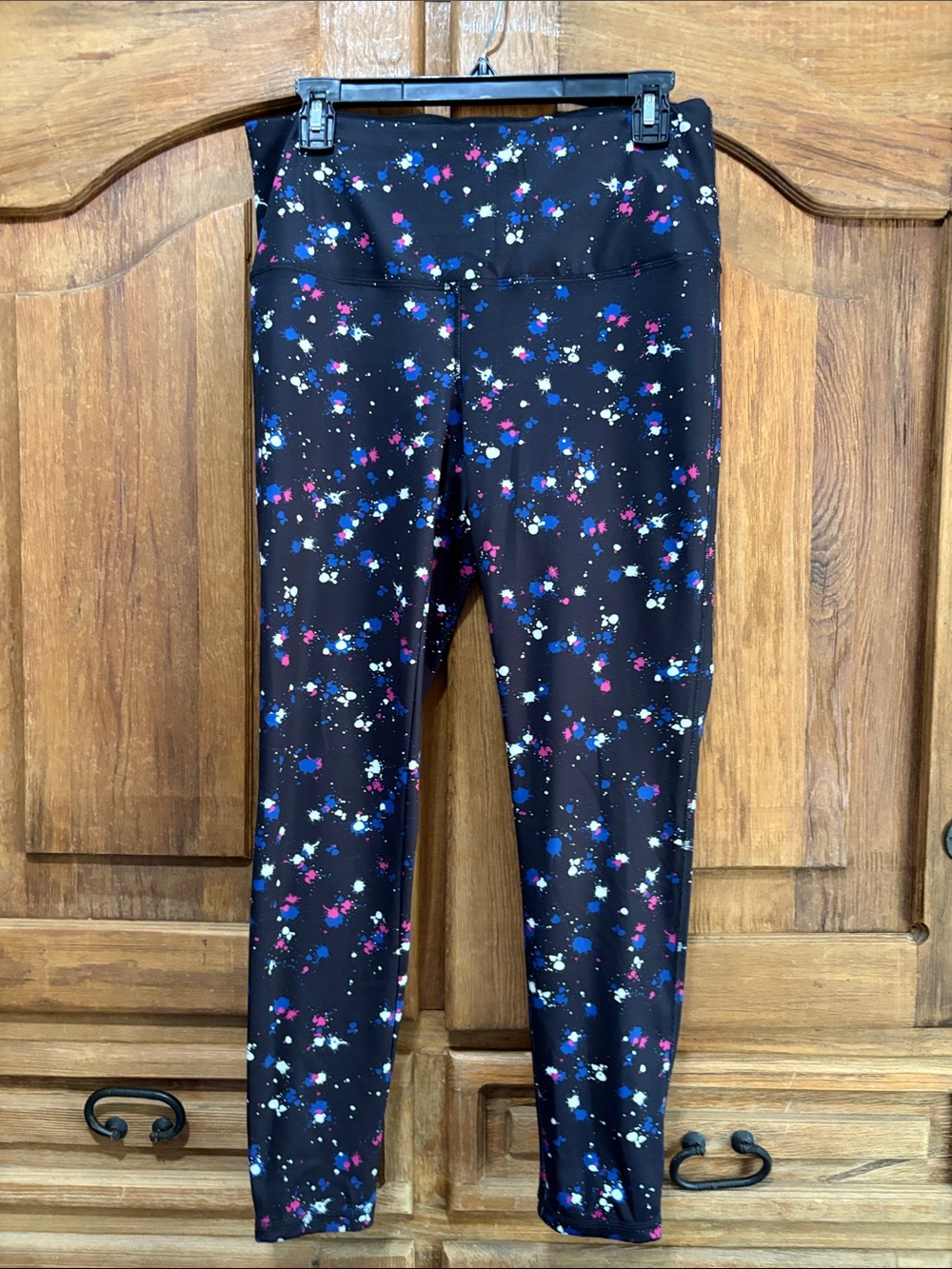 Chico's Black Leggings with Blue, Pink & White Splatter